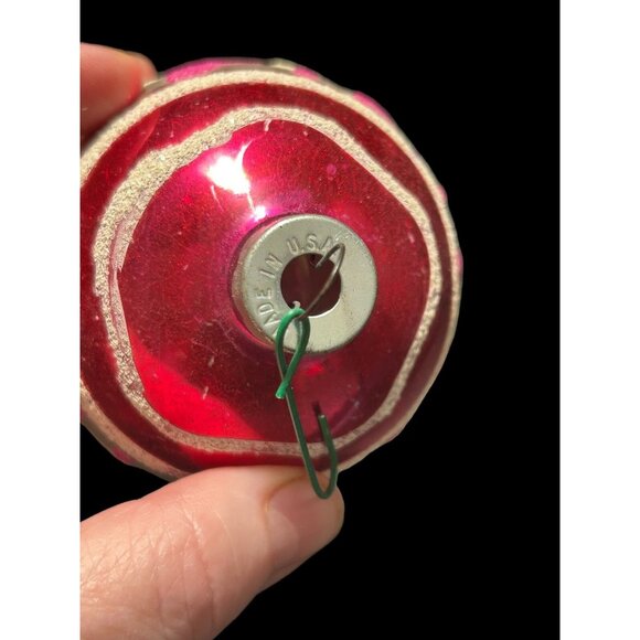 Vtg Red Shiny Brite Hand Painted w Pink White Glitter Glass Christmas Ornament - Picture 6 of 8